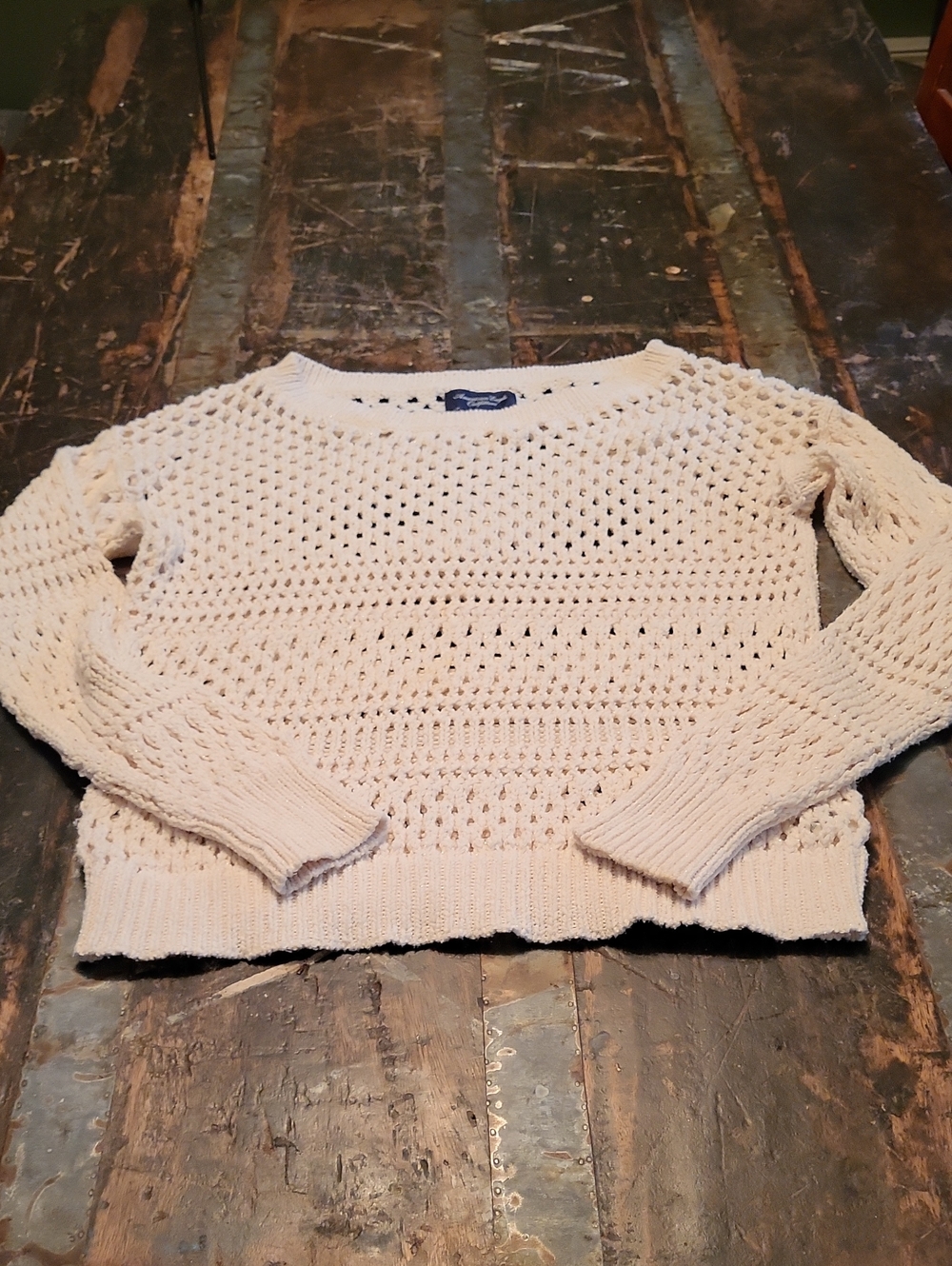 American Eagle Outfitters Open-Knit Crewneck Sweater in Cream